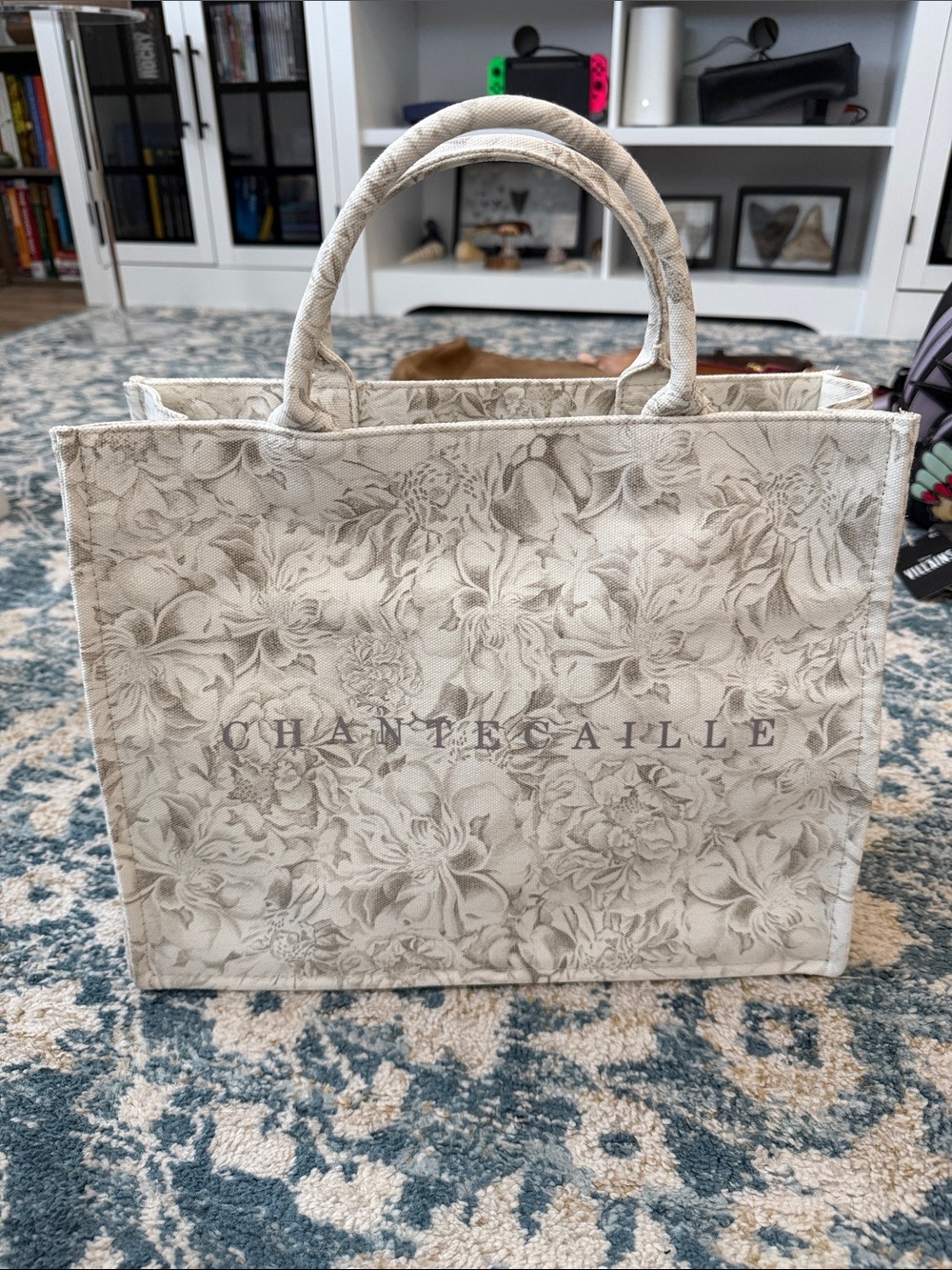 Chantecaille Cream and Gray Floral Canvas Tote